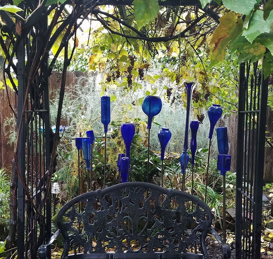 Blue bottle screen under a grape vine separating two garden rooms